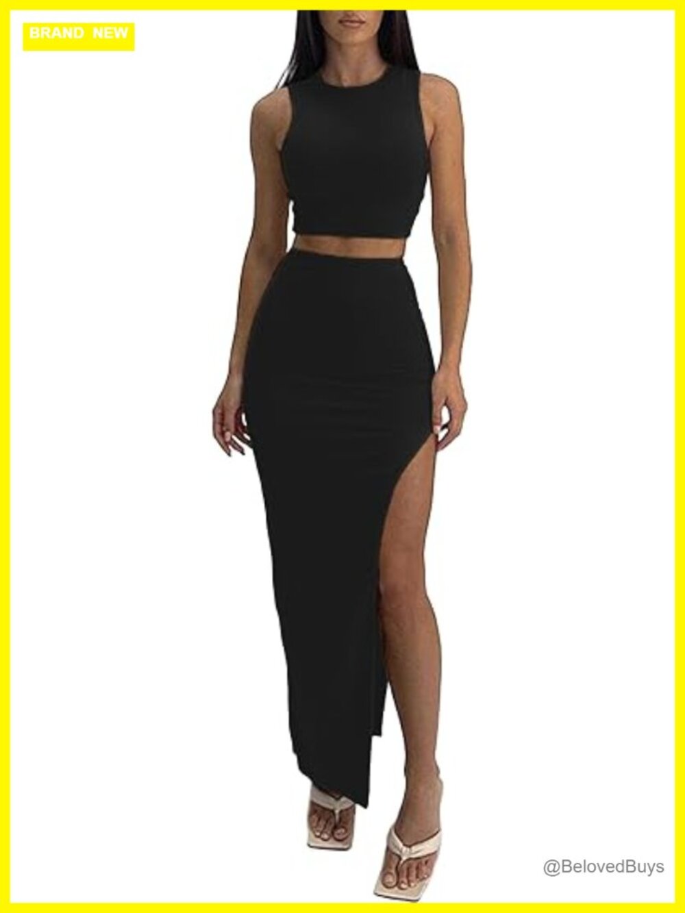 Sexy 2 Piece Maxi Skirt Set - Knit Bodycon Crop Tank & High Slit Skirt
